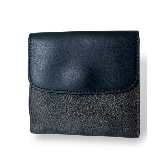 Coach Small Tri-Fold Wallet Black Leather & Signature Canvas Card Holder - Picture 2 of 13